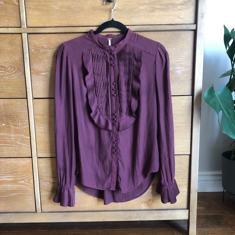 Free People Burgundy Flowy Ruffled Blouse Long Sleeve Top, Small